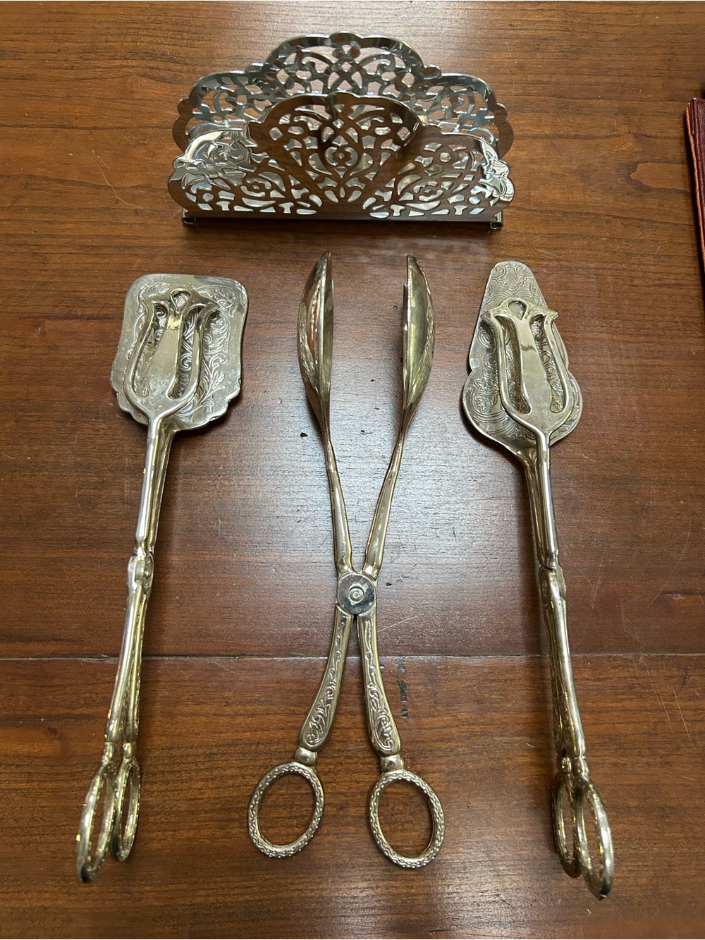 3 piece Silver-Plated Ornate Serving Tongs, salad spoon and pie/cake Server Set